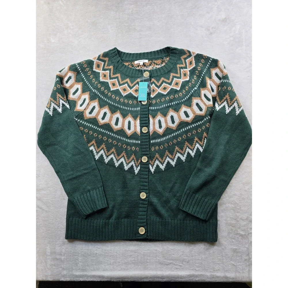 Maurices Fair Isle‎ Cardigan Sweater Womens Medium Green Geometric Knit NEW